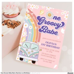 One Groovy Babe Retro Rainbow 1st Birthday Invitation