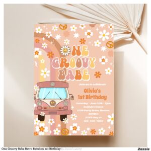 One Groovy Babe Retro Rainbow 1st Birthday Invitation