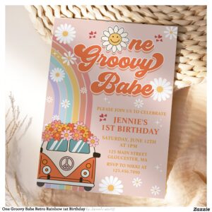 One Groovy Babe Retro Rainbow 1st Birthday Invitation