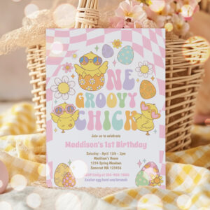 One Groovy Chick Spring Daisy 1st Birthday Party Invitation