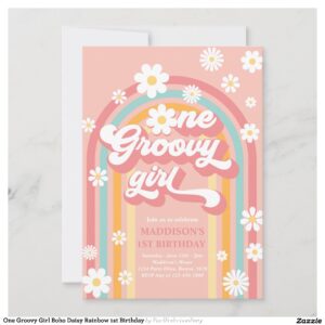 One Groovy Girl Boho Daisy Rainbow 1st Birthday Invitation
