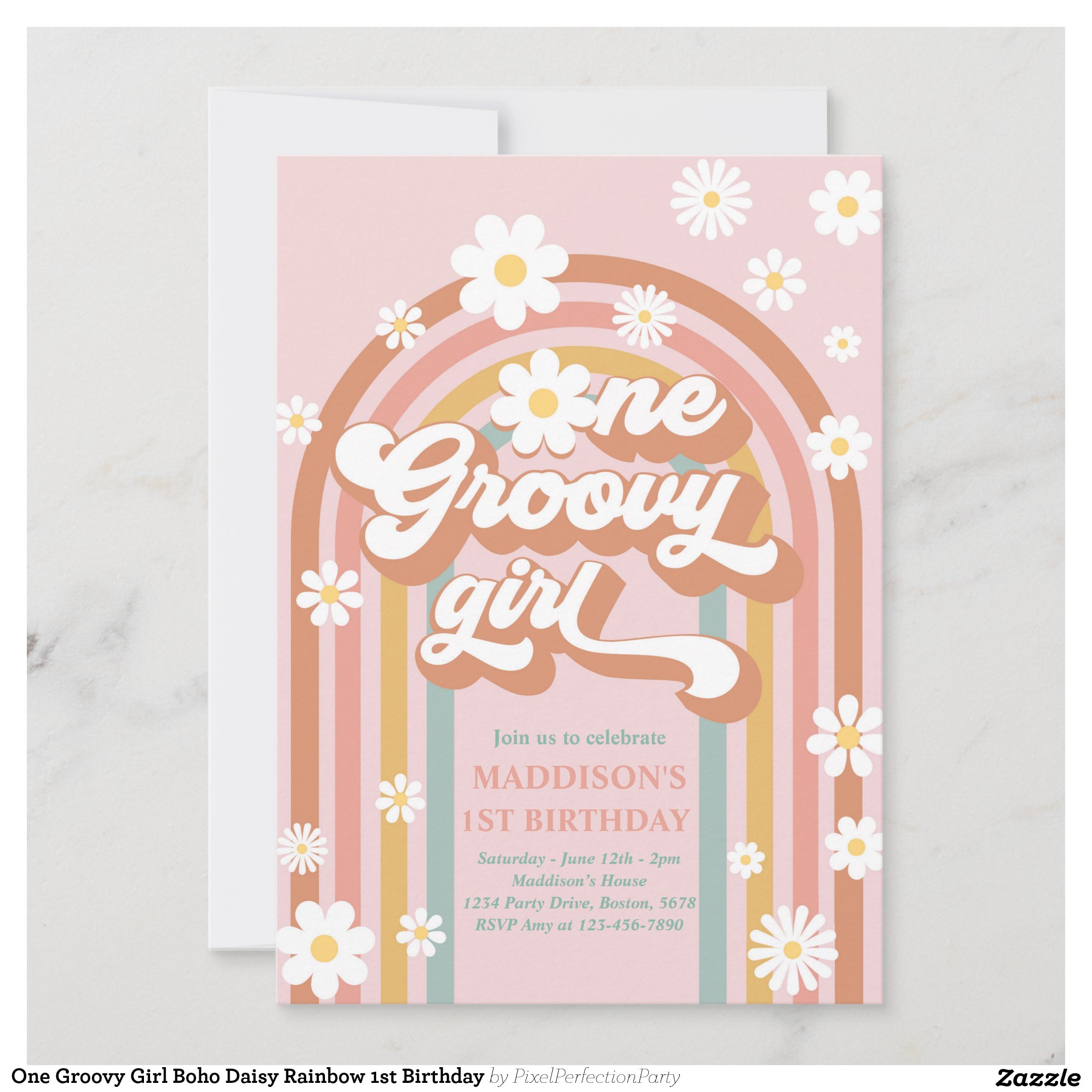 One Groovy Girl Boho Daisy Rainbow 1st Birthday Invitation