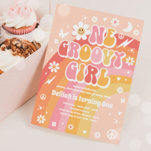 One Groovy Girl Peace Love Party Rainbow Birthday Invitation