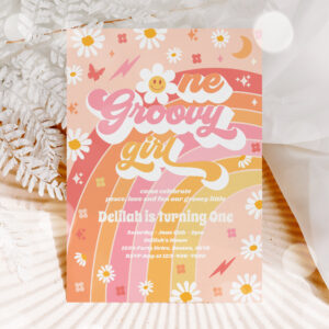 One Groovy Girl Peace Love Party Rainbow Birthday Invitation