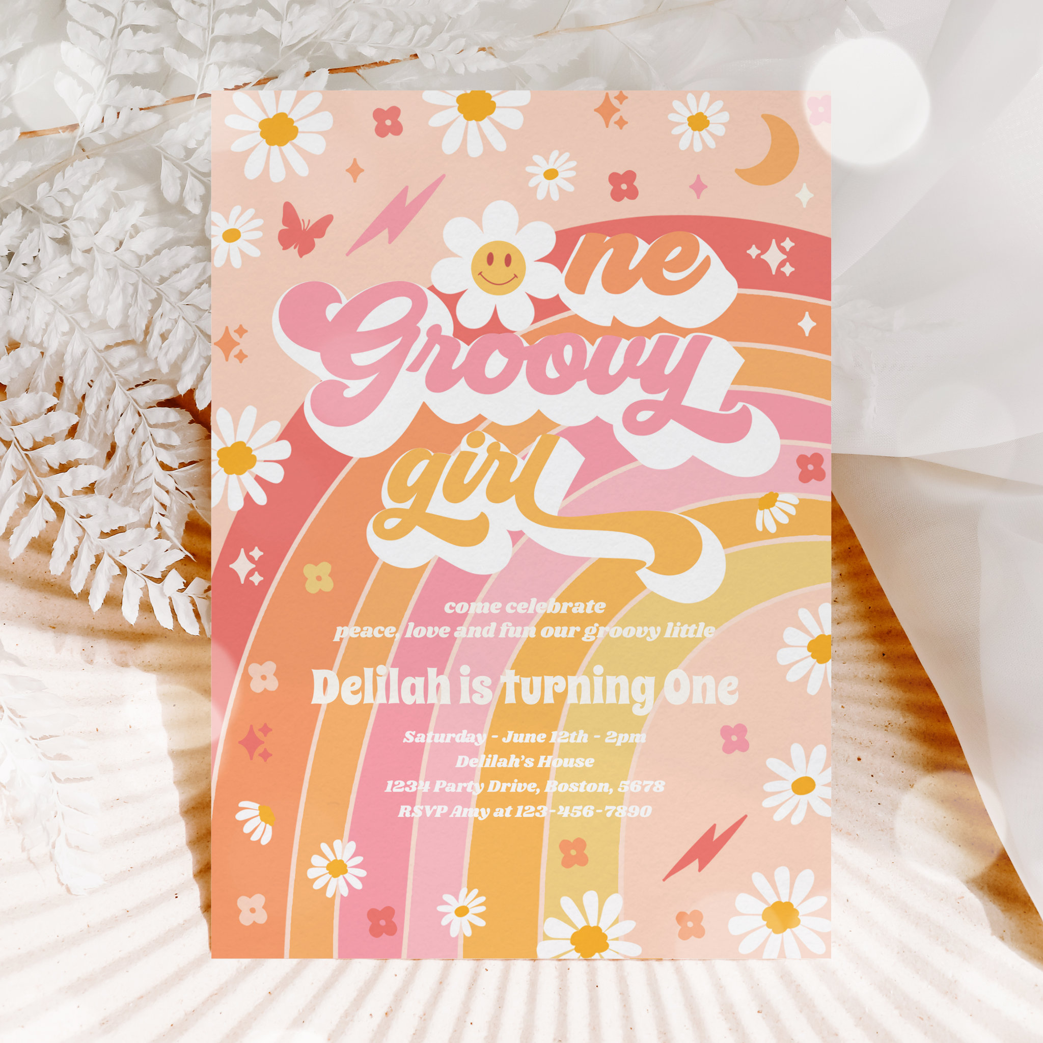 One Groovy Girl Peace Love Party Rainbow Birthday Invitation
