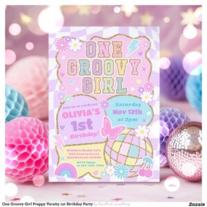 One Groovy Girl Preppy Varsity 1st Birthday Party Invitation