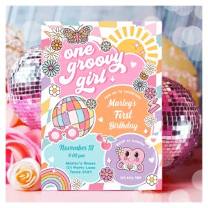 One Groovy Girl Retro Preppy Varsity Birthday Invitation