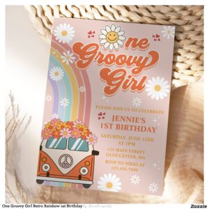 One Groovy Girl Retro Rainbow 1st Birthday Invitation