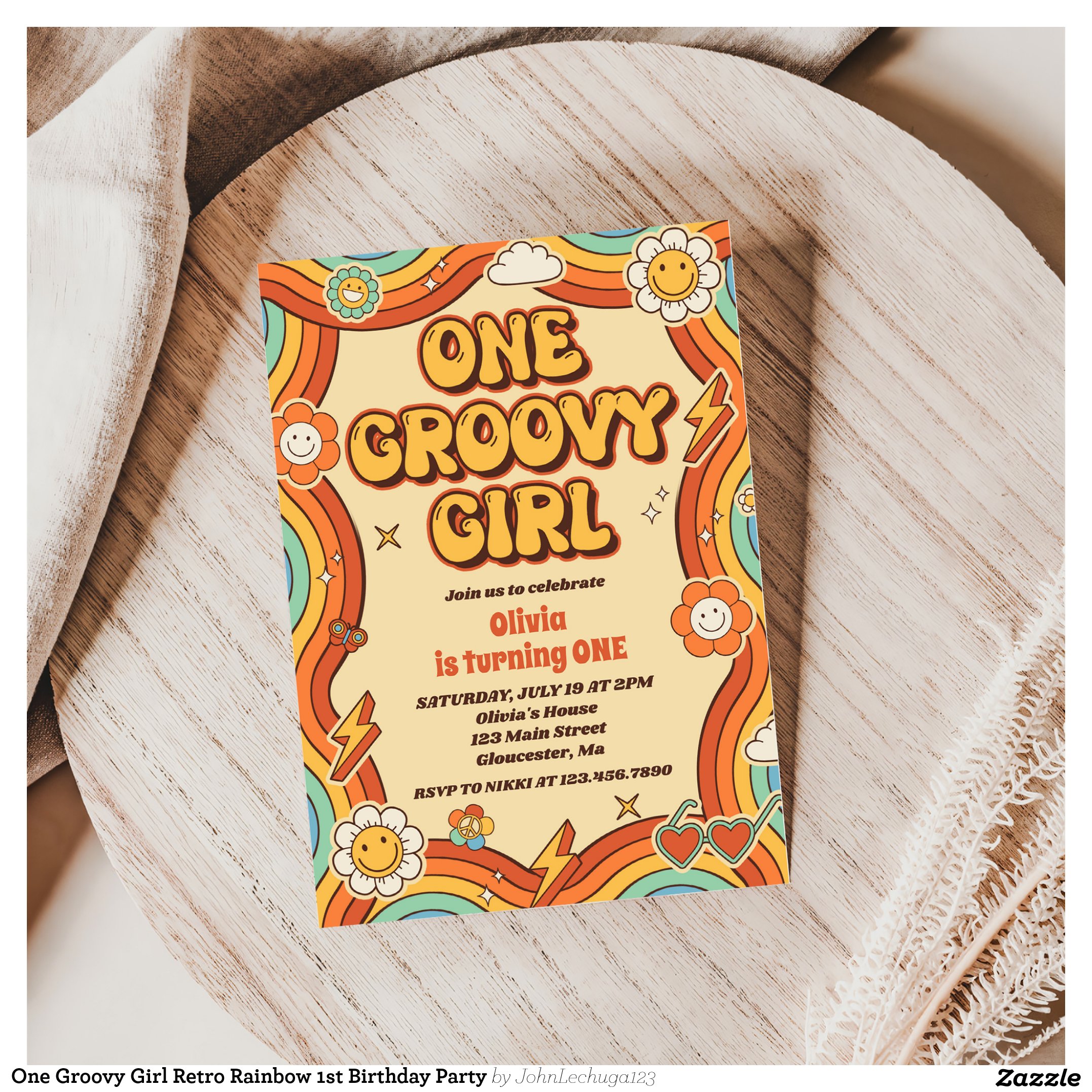 One Groovy Girl Retro Rainbow 1st Birthday Party Invitation