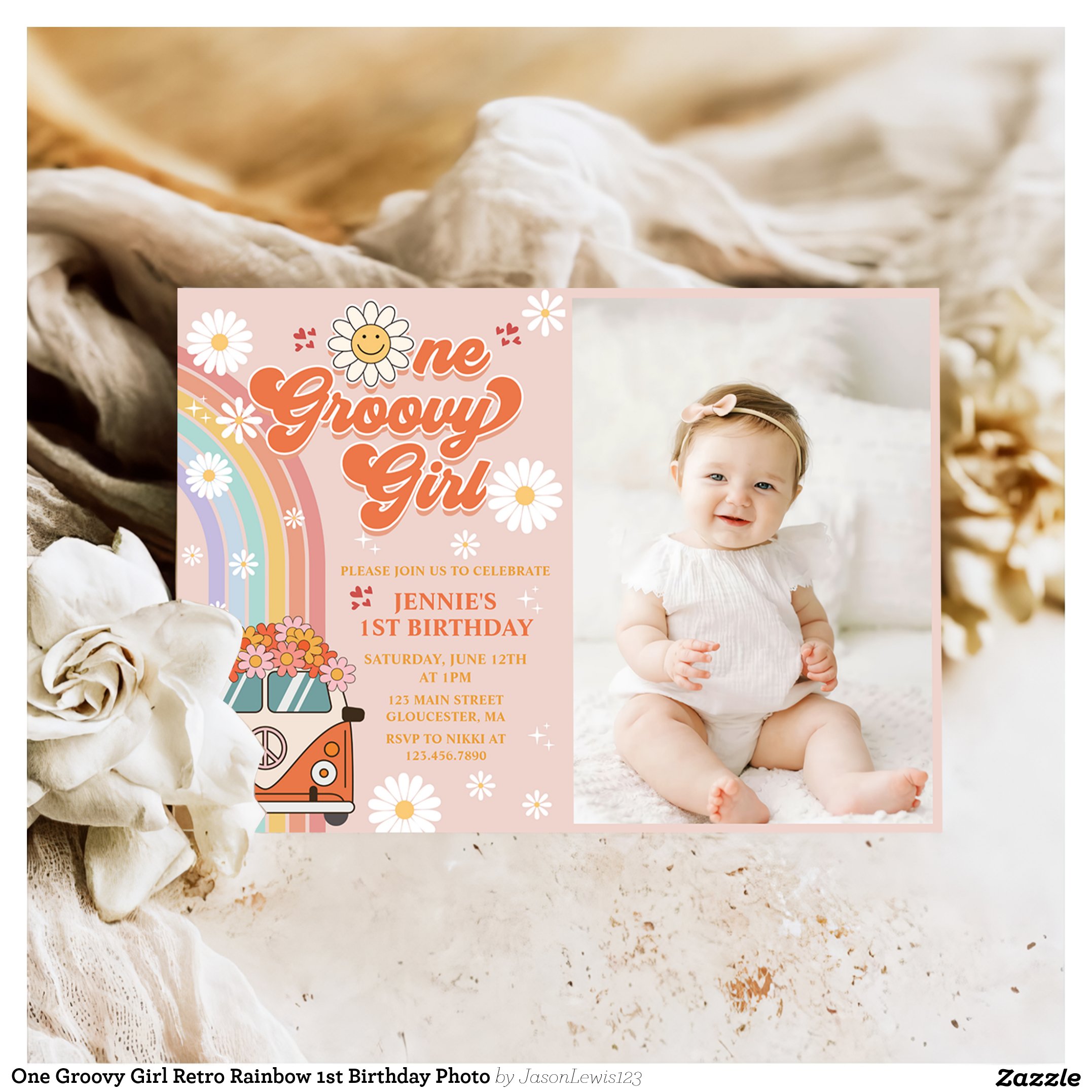 One Groovy Girl Retro Rainbow 1st Birthday Photo Invitation