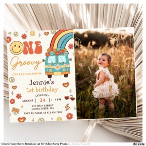One Groovy Retro Rainbow 1st Birthday Party Photo Invitation