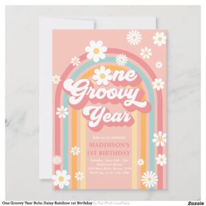 One Groovy Year Boho Daisy Rainbow 1st Birthday Invitation