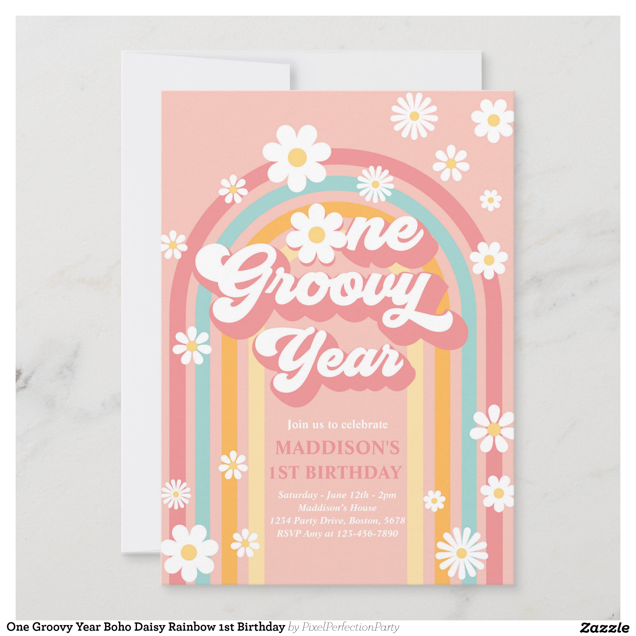 One Groovy Year Boho Daisy Rainbow 1st Birthday Invitation