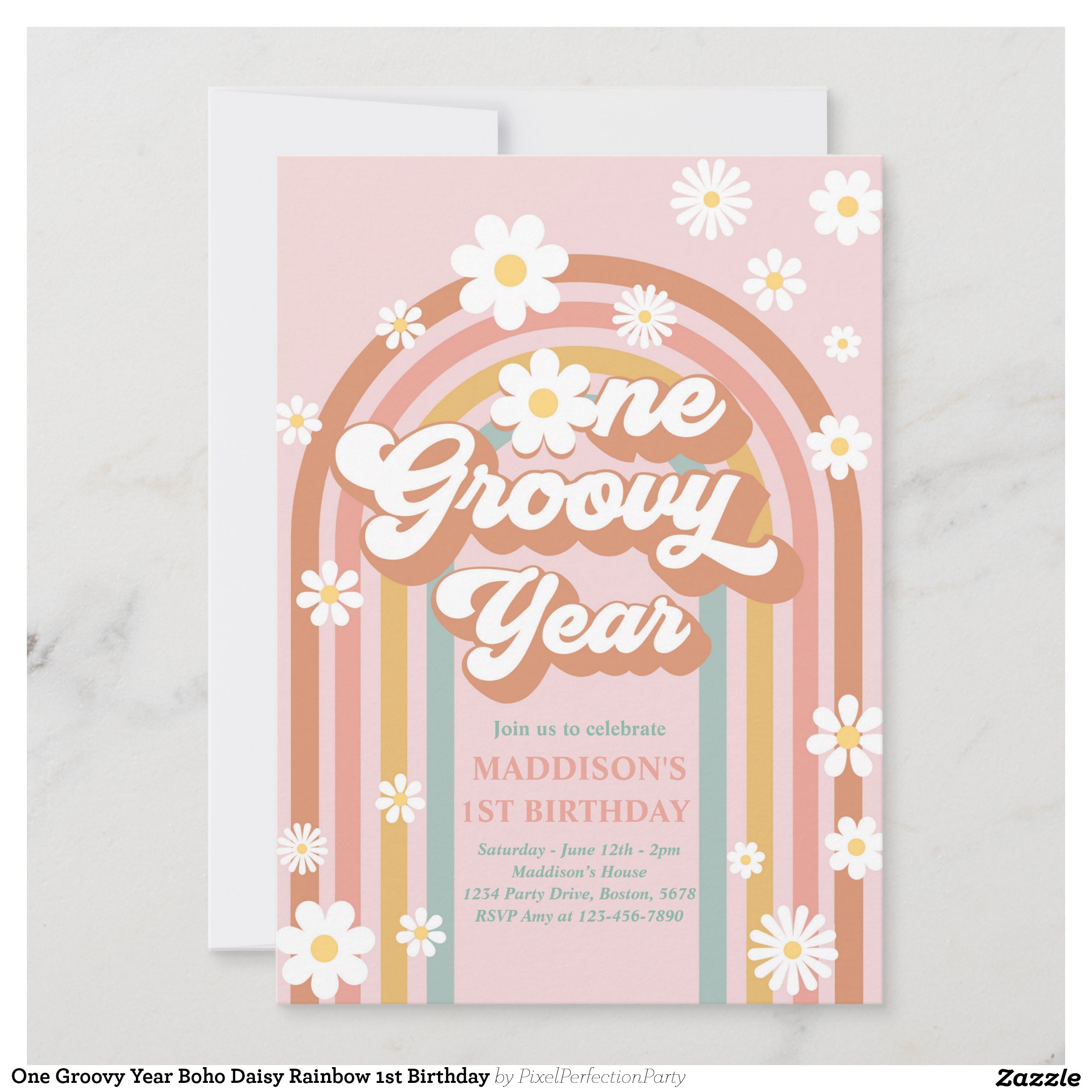 One Groovy Year Boho Daisy Rainbow 1st Birthday Invitation
