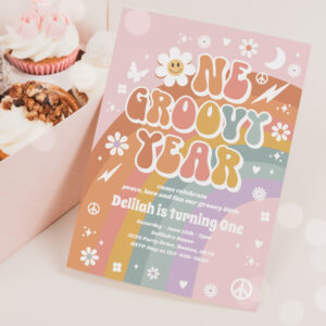 One Groovy Year Peace Love Party Rainbow Birthday Invitation
