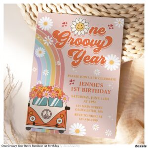 One Groovy Year Retro Rainbow 1st Birthday Invitation