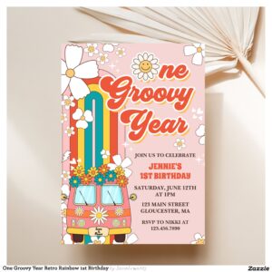 One Groovy Year Retro Rainbow 1st Birthday Invitation