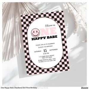 One Happy Babe Checkered Girl First Birthday Invitation