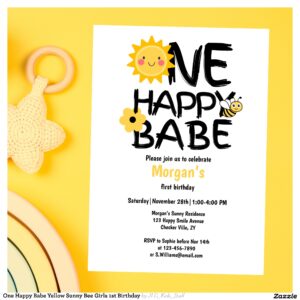 One Happy Babe Yellow Sunny Bee Girls 1st Birthday Invitation