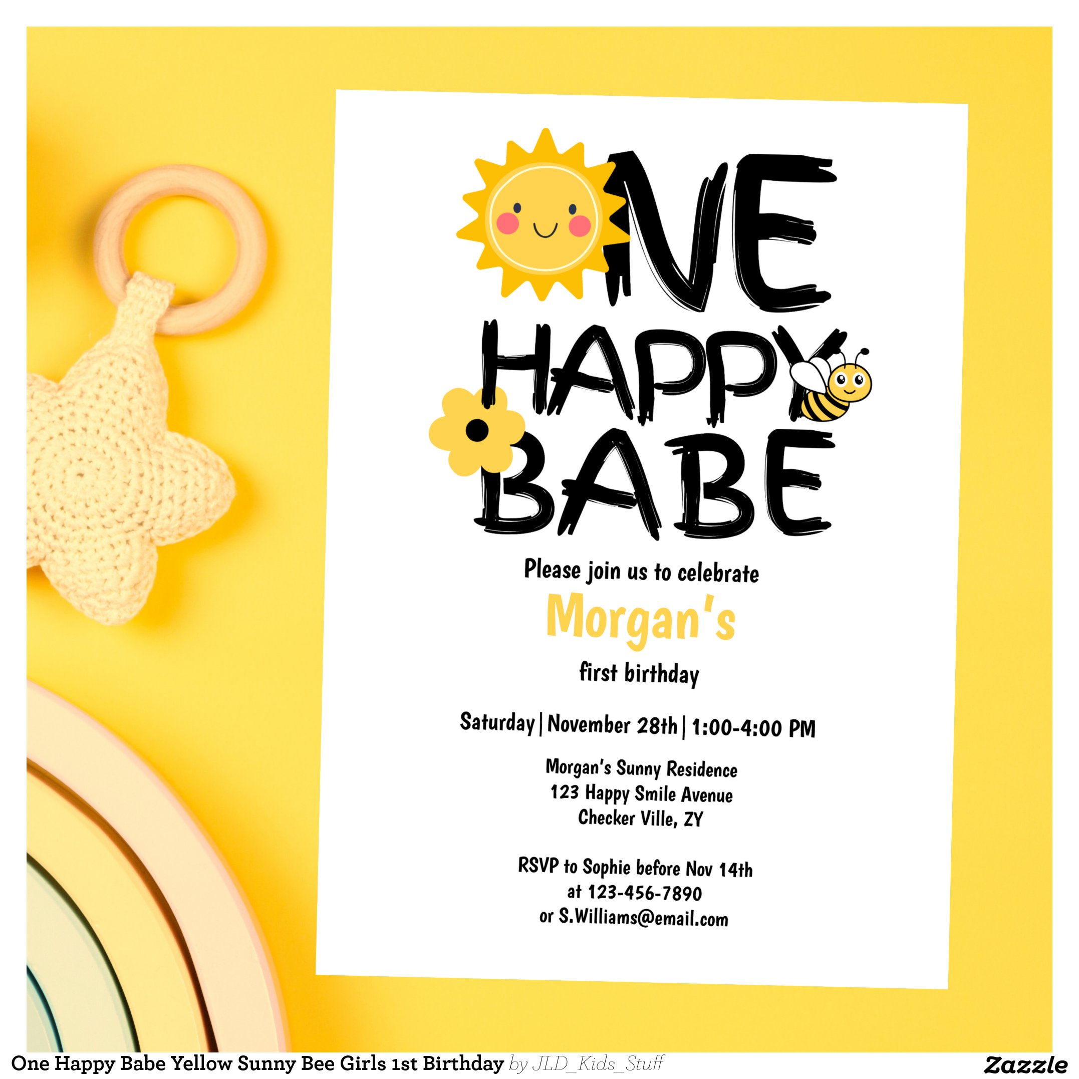 One Happy Babe Yellow Sunny Bee Girls 1st Birthday Invitation