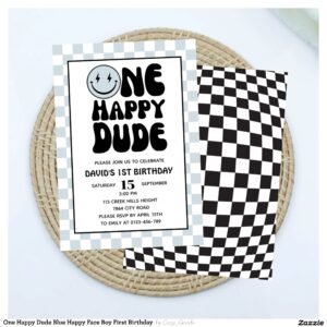 One Happy Dude Blue Happy Face Boy First Birthday Invitation