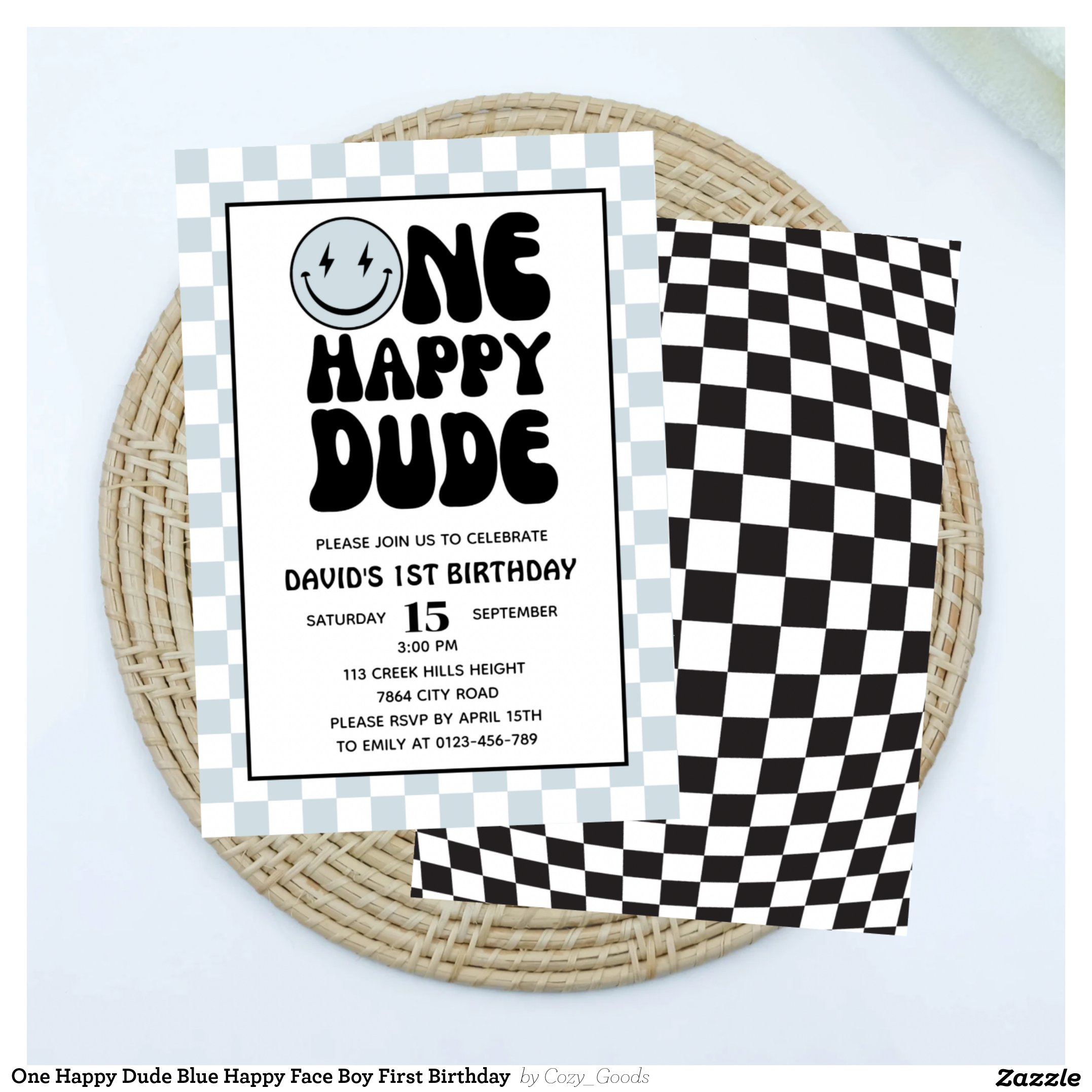 One Happy Dude Blue Happy Face Boy First Birthday Invitation