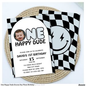 One Happy Dude Groovy Boy Photo Birthday Invitation