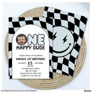 One Happy Dude Groovy Boy Photo Birthday Invitation