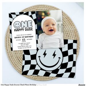 One Happy Dude Groovy Check Photo Birthday Invitation