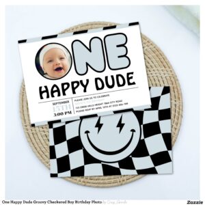 One Happy Dude Groovy Checkered Boy Birthday Photo Invitation