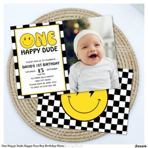 One Happy Dude Happy Face Boy Birthday Photo Invitation