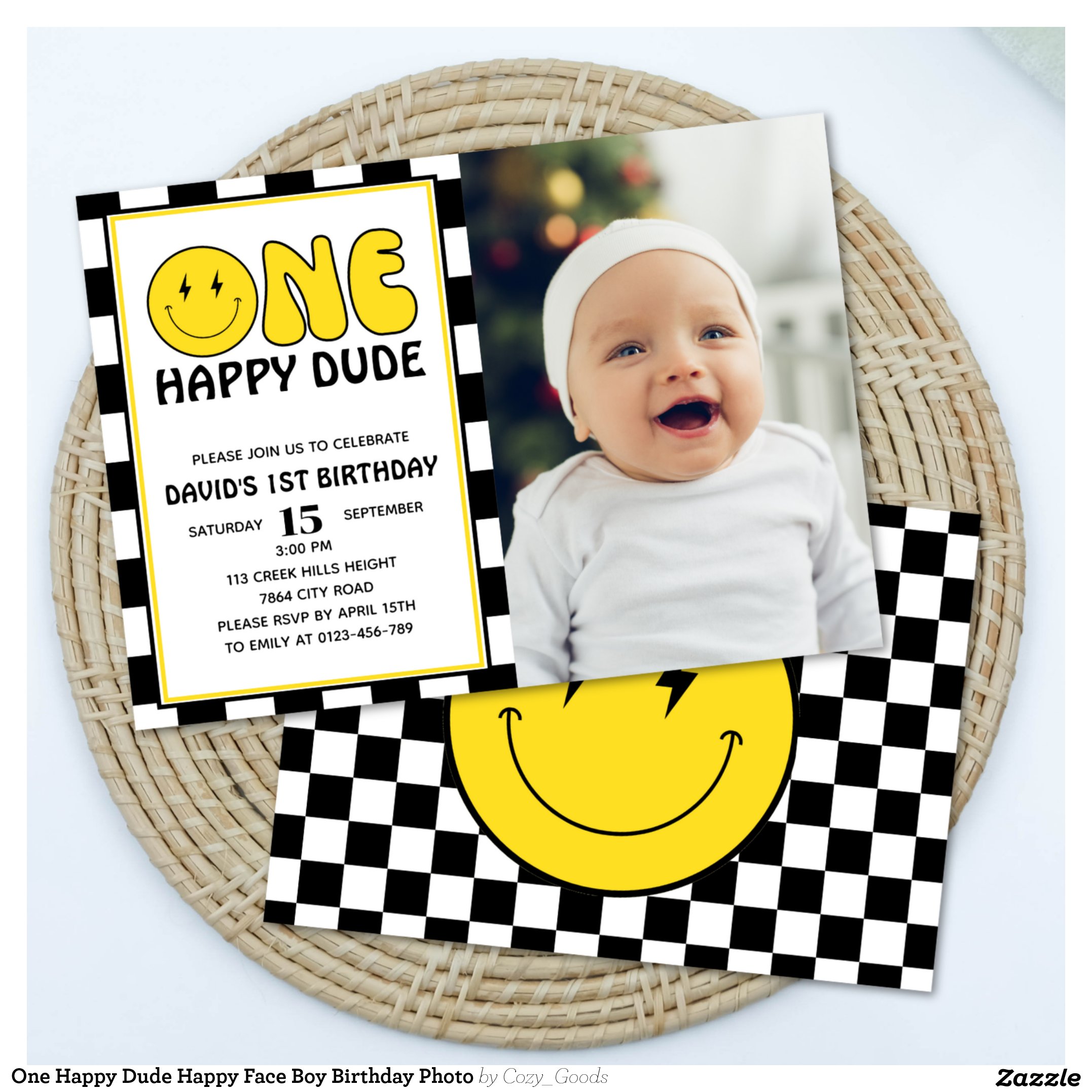 One Happy Dude Happy Face Boy Birthday Photo Invitation