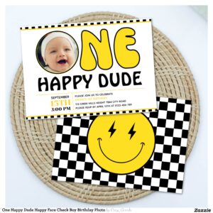 One Happy Dude Happy Face Check Boy Birthday Photo Invitation