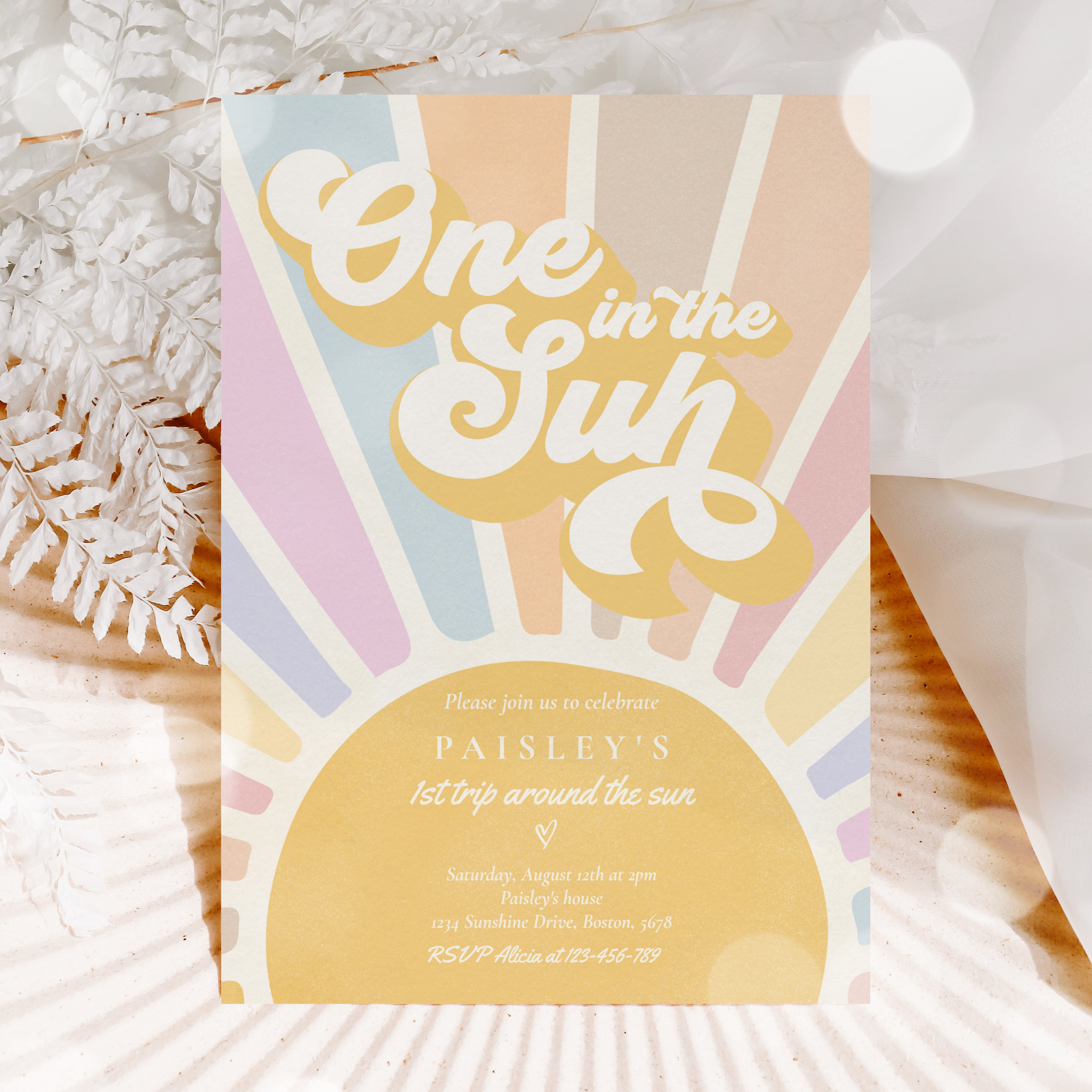 One In The Sun Sunshine 1st Birthday Pink Rainbow Invitation