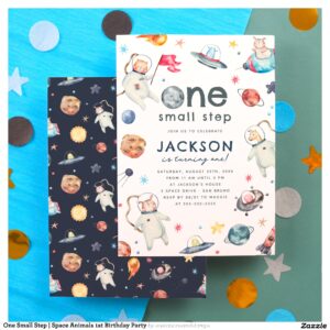 One Small Step Space Animals 1st Birthday Party Invitation