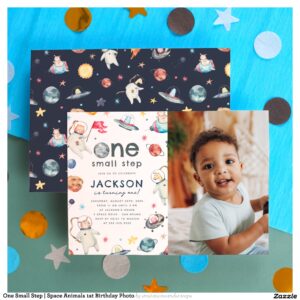 One Small Step Space Animals 1st Birthday Photo Invitation