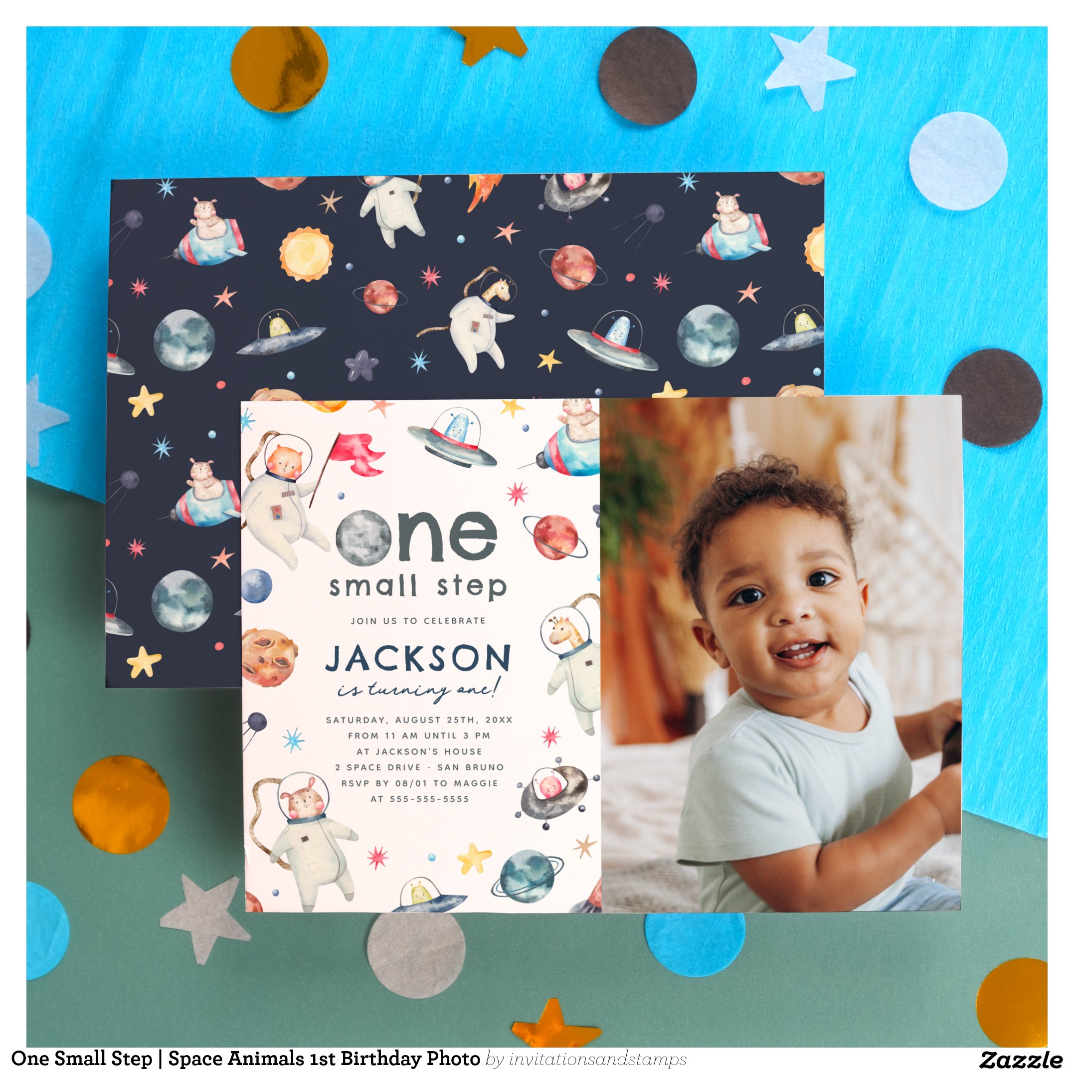 One Small Step Space Animals 1st Birthday Photo Invitation