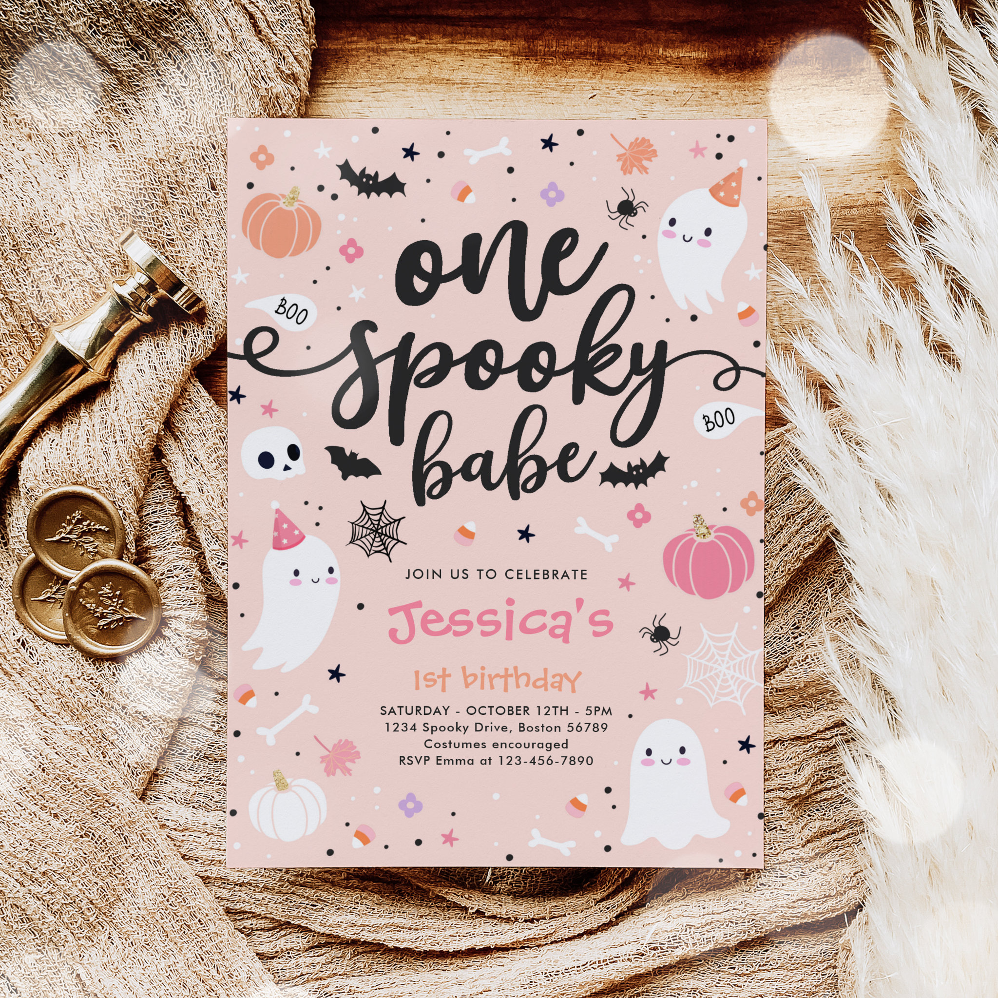 One Spooky Babe Cute Halloween Ghost 1st Birthday Invitation