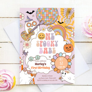 One Spooky Babe Retro Halloween First Birthday Invitation