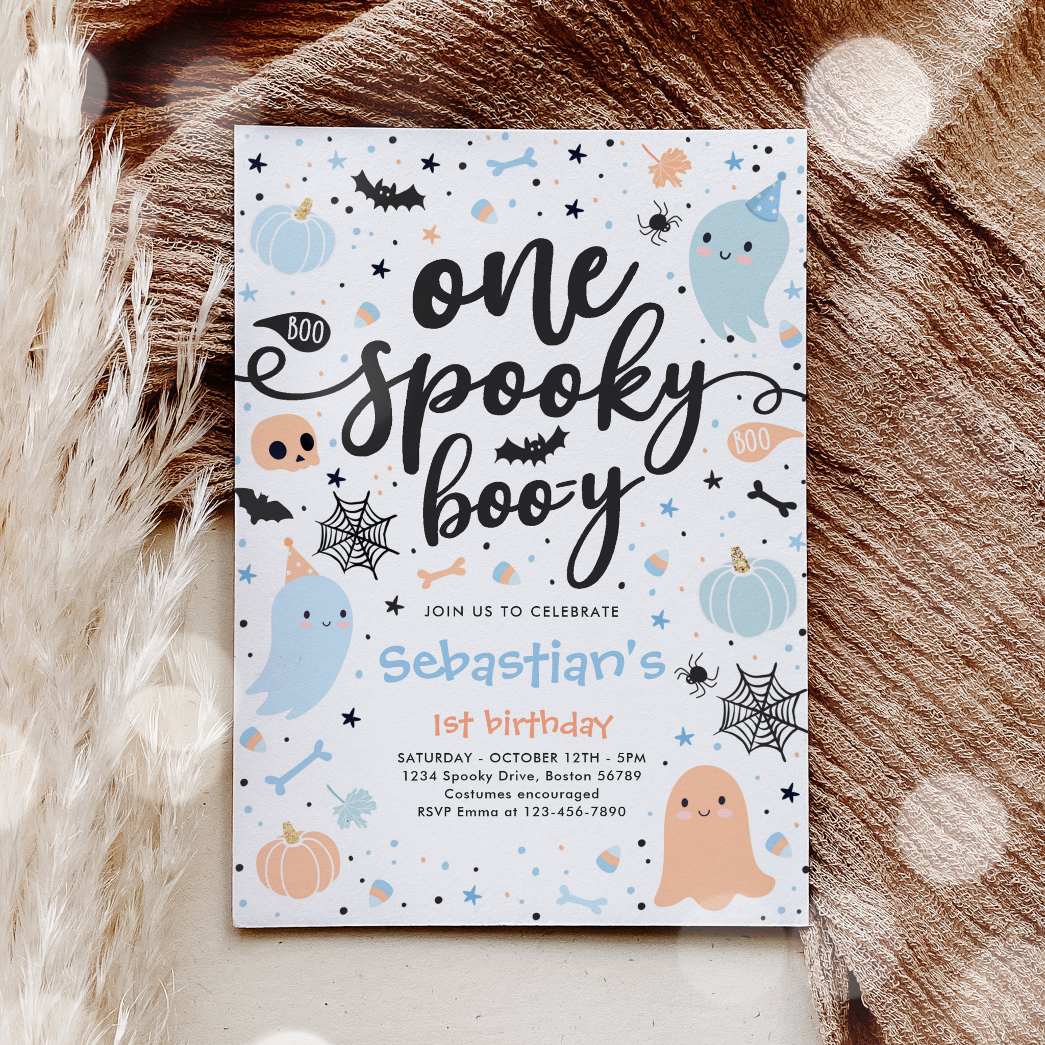 One Spooky Boo-y Cute Halloween Ghost 1st Birthday Invitation