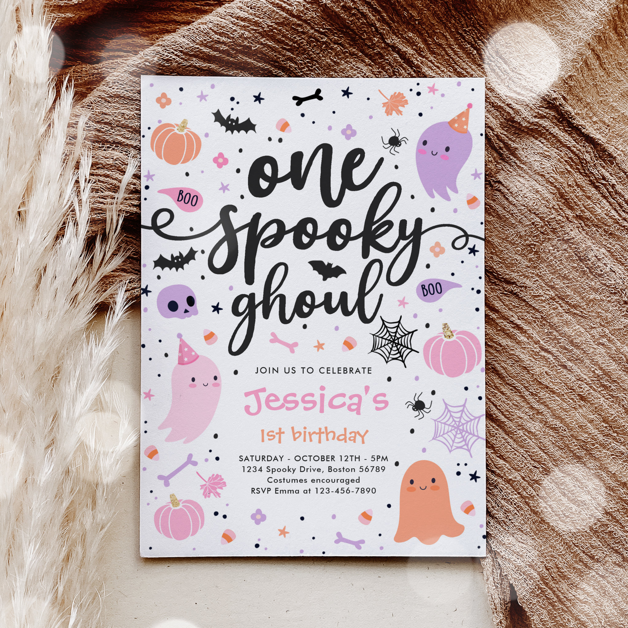 One Spooky Ghoul Cute Halloween Ghost 1st Birthday Invitation