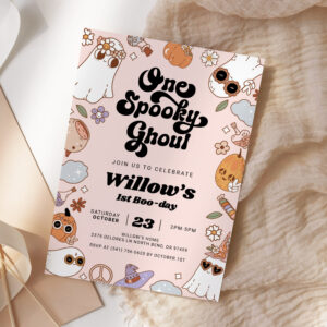 One Spooky Ghoul Groovy Halloween 1st Birthday Invitation