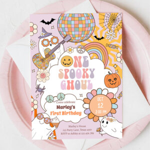 One Spooky Ghoul Retro Halloween First Birthday Invitation