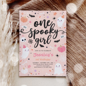 One Spooky Girl Cute Halloween Ghost 1st Birthday Invitation
