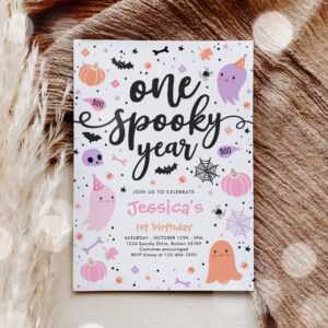 One Spooky Year Cute Halloween Ghost 1st Birthday Invitation