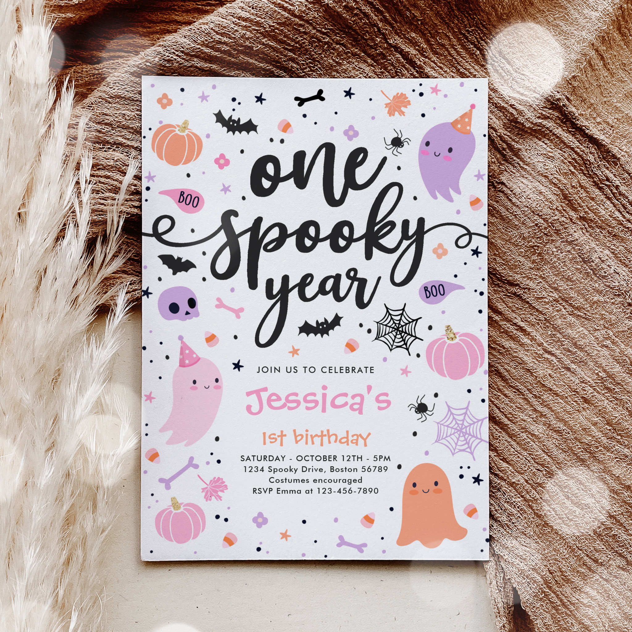 One Spooky Year Cute Halloween Ghost 1st Birthday Invitation