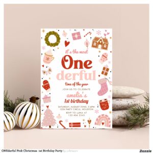 ONEderful Pink Christmas 1st Birthday Party Invitation