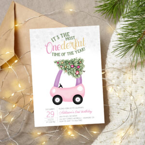 ONEderful Time Of The Year Pink car 1st Birthday Invitation