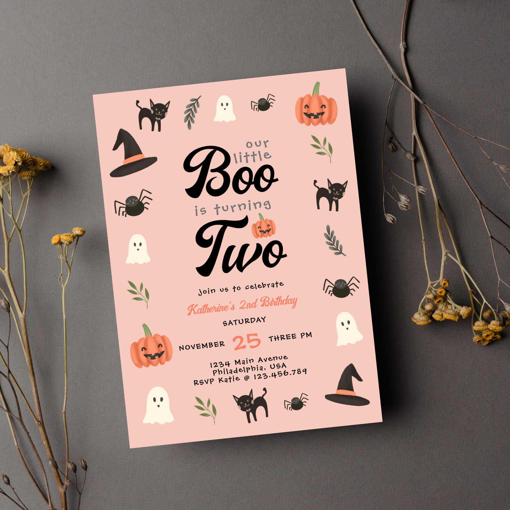 Our Little Boo Turning Two Halloween 2nd Birthday Invitation