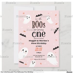 Our Little Boos pink Twin Halloween First Birthday Invitation